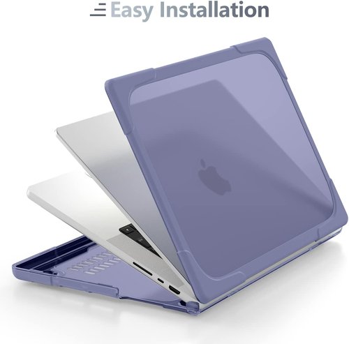 Batianda Heavy Duty MacBook Pro Case - Ergonomic Foldable Kickstand | 14 Inch Matte Translucent Lavender Grey