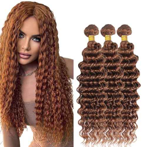 #30 Brown Bundles Human Hair Deep Wave Bundles 22 22 22 Inch Light Brown Deep Wave Bundle Unprocessed Brazilian Virgin Weave Hair 3 Bundle 50 Gram Per Bundle