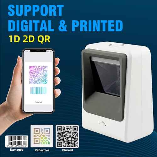 Handsfree Omnidirectional Desktop Barcode Scanner with USB Cable, 1D 2D QR Image Sensing, Plug and Play Barcode Reader for Warehouse Supermarket Retail Store