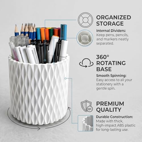 Lebenrich White Rotating Pen Holder for Desk, 5 Compartments, Water Ripple Design