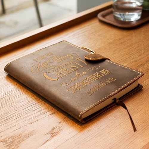 Sovereign-Gear Religious Refillable Leather Journal - Handmade A5 Writing Notebook with Pen - Philippians 4:13 ¡°I Can Do All Things¡± Embossed Diary with 2 Lined Inserts & Pen Holder - 480 Pages