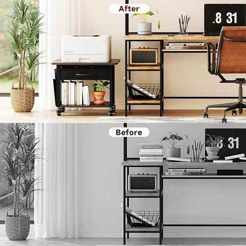 2 Tier Industrial-Grade Printer Stand with Storage, Printer Table with Storage & Drawer, Heavy Duty Shelf for Small Space, Office Organization for Home Office (Obsidian Black)