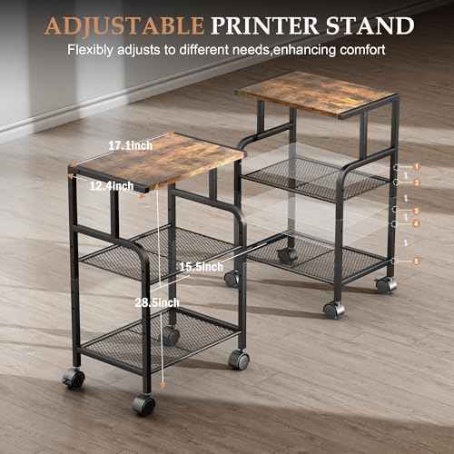 Printer Cart with Wheels,Small Printer Stand with Storage, Printer Table for Home Office, 3 Tier Cart with Adjustable Shelf, Supports Up to 80 Lbs for Home Office, Kitchen, Living Room
