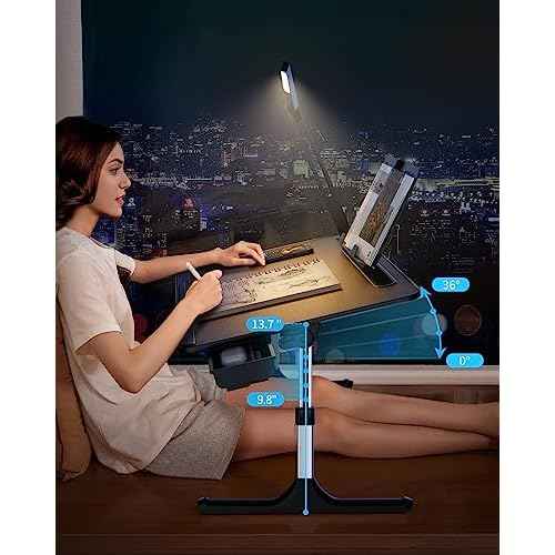 Laptop Table with LED Desk Light, SAIJI Laptop Stand for Bed, Height Adjustments Bed Desk with Book Stand for Reading Writing Drawing (Black)