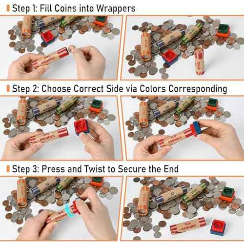 THEBLUETOUCH 512 Preformed Coin Roll Wrappers, Coin Wrapper Assorted with Crimped Edge Sealer - 128 Each for Pennies, Nickels, Dimes, Quarters