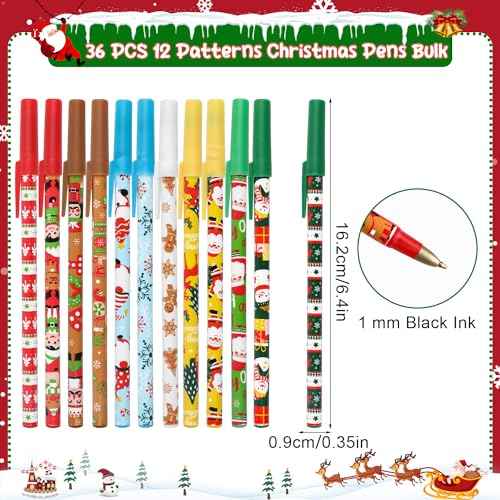 FINGOOO 36 Pieces Christmasb Ballpoint Pens,Christmas Pens for Kids Adults Bulk 12 Styles Black Ink Pens for Goodie Bag Stuffers Home School Office Party Gift