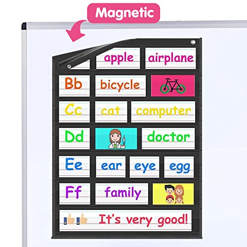 Auchq Magnetic Pocket Chart with 7 Front & 1 Back Pocket, Black Classroom Organizer