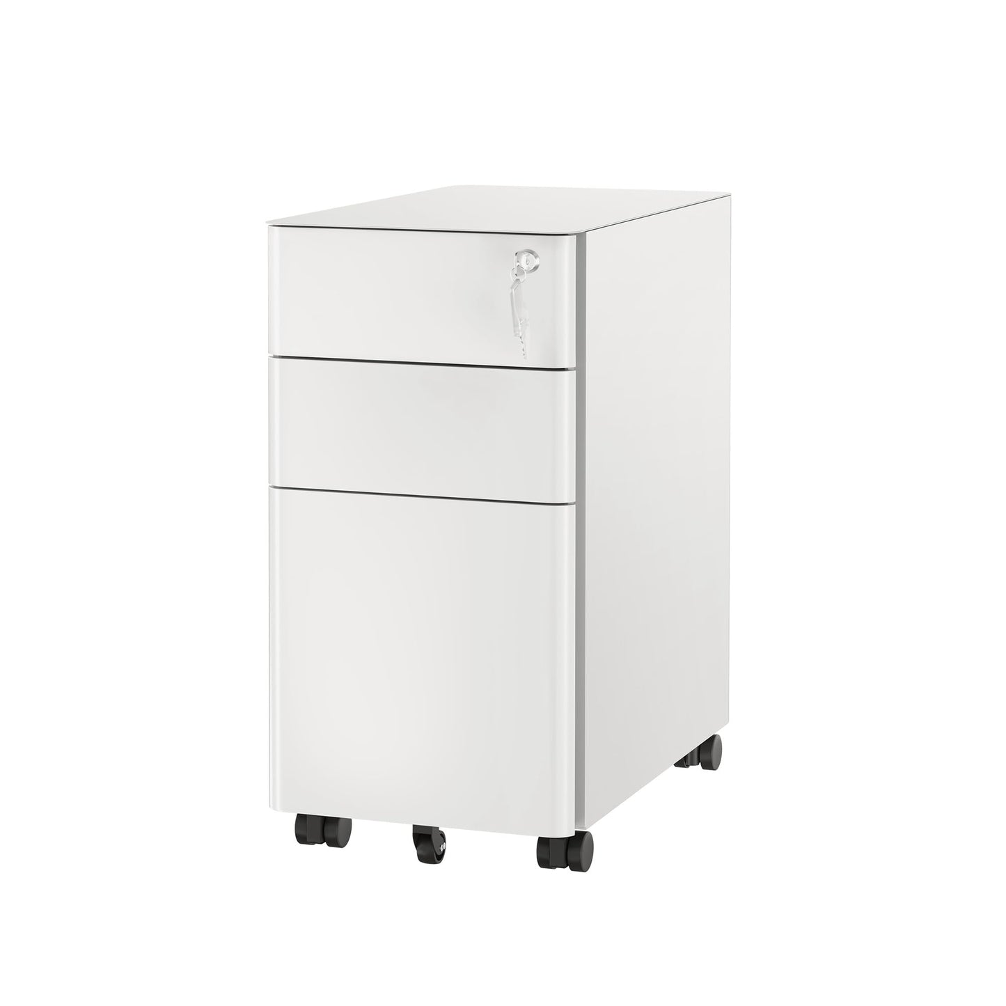 Mount-It! Slim 3 Drawer White File Cabinet with Lock, Mobile Metal Filing Cabinet on Wheels, Under Desk Storage Drawers for Home & Office, Letter Legal A4, White