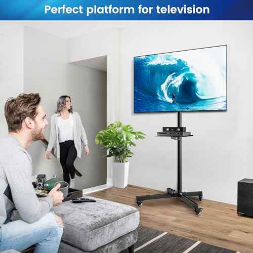 Rolling TV Stand for 26-55 Inch LCD LED Flat/Curved Panel Screen TVs, Portable TV Stand with Wheels & Media Shelf. Angle Adjustable TV Cart with Lockable Wheels, Max VESA 400x400mm