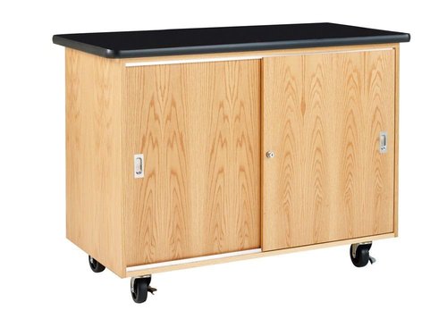 Diversified Spaces Kinetic Mobile Classroom Demo Table, 48" W x 24" D x 36" H, Solid Oak, Locking Doors, GFI Outlet, 25' Cord, 4" Castors, Made in The U.S.A