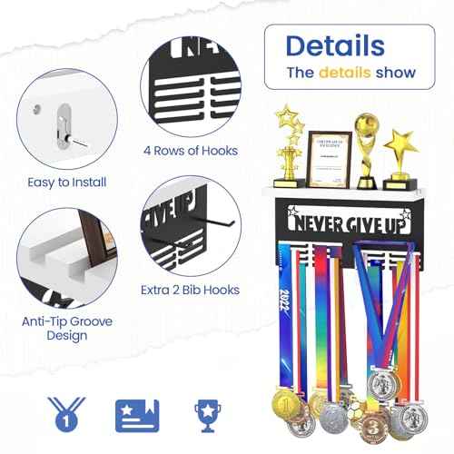 Medal Hanger Display Trophy Shelf Organizer, Wall Mount Race Award Holder, Storage Rack Stand for Sports Fans, Cheer Success, Easy to Install
