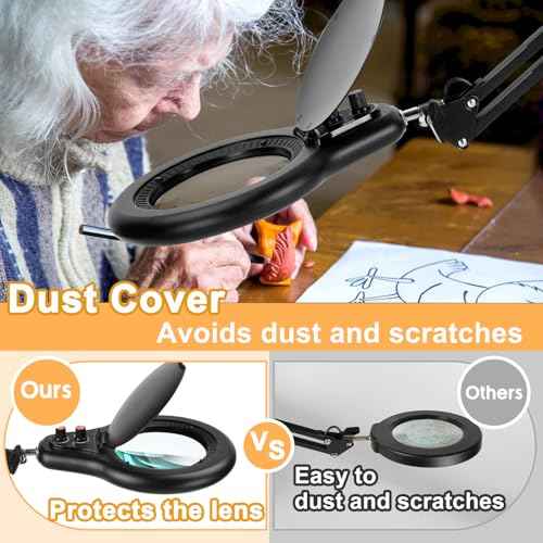 10X Large Magnifying Glass with Light and Clamp, Mechanical Knob Stepless Dimmable, 2*16 Inch Swivel Arm LED Magnifying Desk Lamp with Dust Cover, Stand Lighted Magnifier Hands Free for Crafts