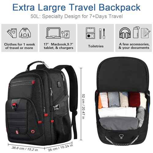 Z-MGKISS Extra Large Backpack for Men, Gaming Laptop Travel Bag Fits 18.4-19" Laptops, TSA Flight-Approved Backpack, Anti-Theft Gym College Business Work Mens Daypack, Black