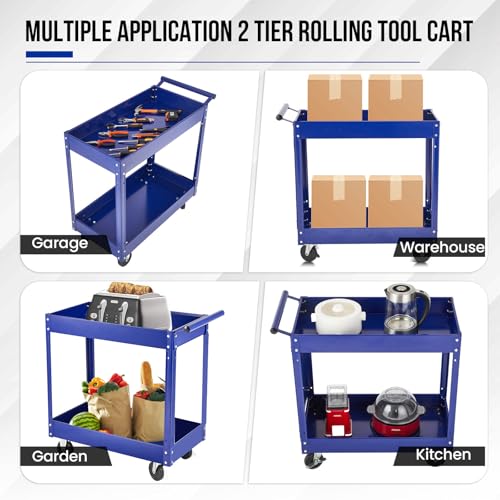 2 Tier Metal Utility Cart,330 Lbs Metal Heavy Duty Utility Cart On Wheels,2 Shelf Steel Rolling Tool Cart, Tool Storage Organizer for Mechanic, Garage, Workshop, Warehouse & Repair Shop