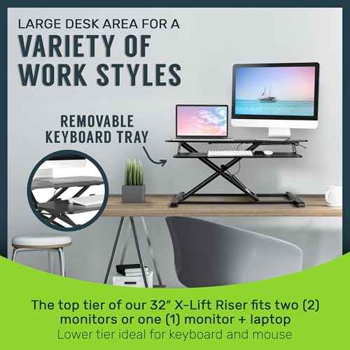 TechOrbits Standing Desk Converter - 32 Inch Adjustable Sit to Stand Up Workstation, Particle Board, Dual Monitor Desktop Riser with Keyboard Tray, for Home Office Laptop, Black 32"