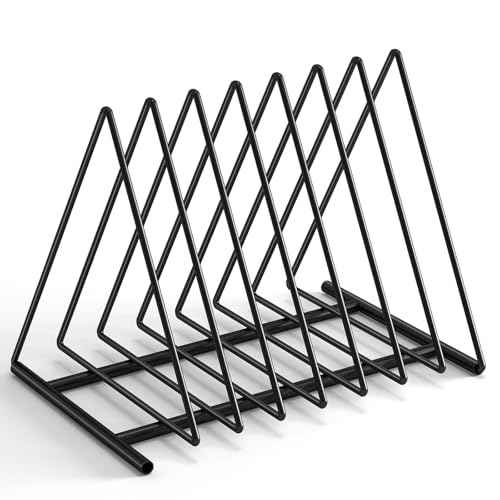 Triangle Desk File Organizer, 7 Slots Metal File Sorter Magazine Holder Document Rack,Desktop Bookshelf Organizer for Office Home School,Black