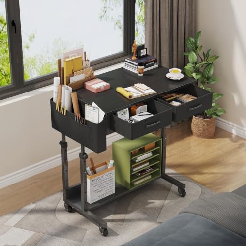 WINAZ 31.5" Black Adjustable Rolling Standing Desk with Drawers - Mobile Workspace