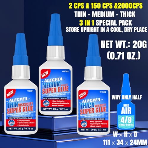 Alecpea 60g CA Glue Kit - Thin 2cP, Medium 150cP & Thick 2000cP (Clear) 3-Pack
