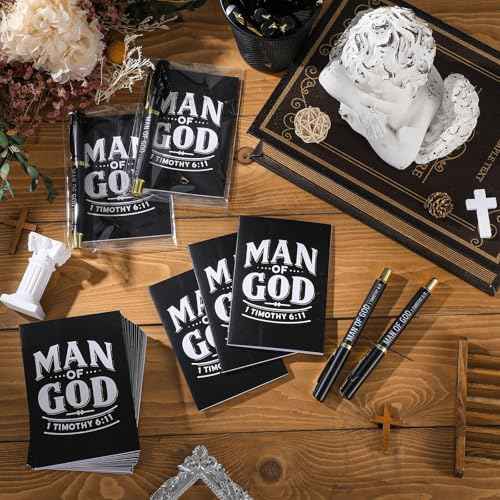 50 Set Christmas Christian Gifts for Men Bulk Man of God Christian Men Gifts 1 Timothy 6: 11 Man of God Notebook and Pen Set Bible Verse Prayer Journal Religious Notepad Pen for Church