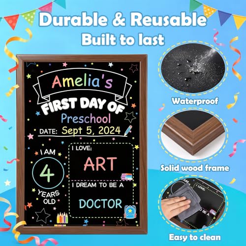 VUSIGN Double Sided Chalkboard Sign for First & Last Day of School - Wood Frame, 14x10 Inches, Includes Markers