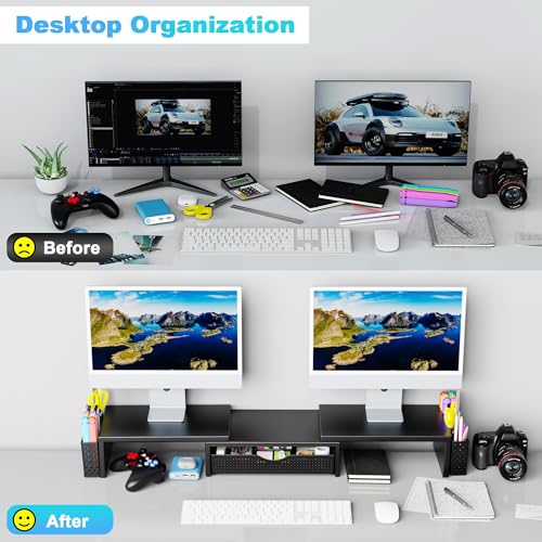 Spacrea Dual Monitor Stand Riser with Drawer & Pen Holders - Black