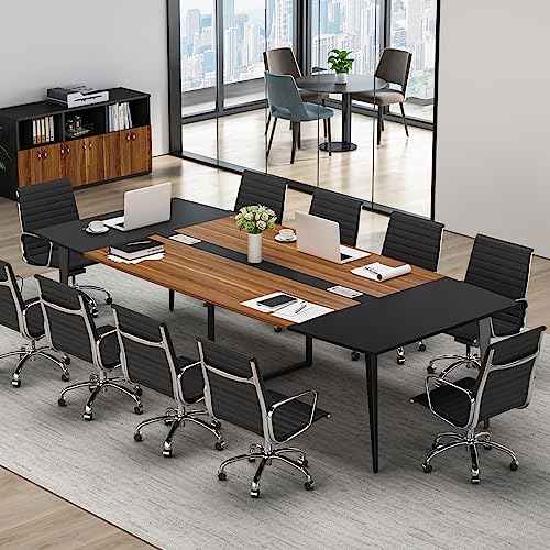 Tribesigns 8FT Conference Table, 94.48L x 47.24W x 29.52H Inches Boat Shaped Meeting Table with Rectangle Grommet, Modern Seminar Boardroom Table for Office Conference Room (8ft, Walnut & Black)