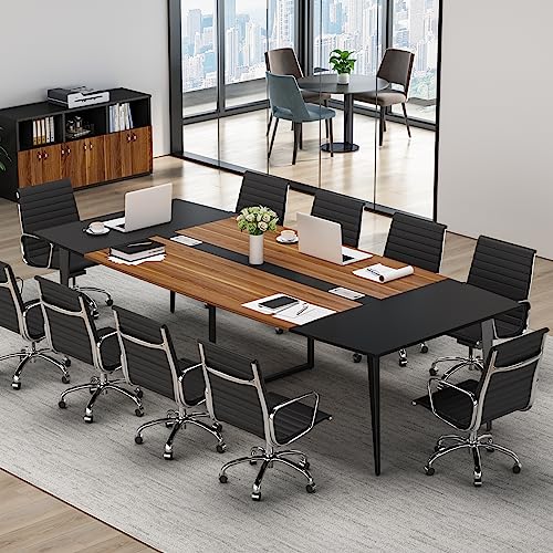 8ft Conference Table Walnut & Black Boat-Shaped Meeting Table with Grommet - Modern Office Furniture