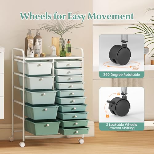 Costway 15-Drawer Rolling Storage Cart - Green Gradient, 4 Casters