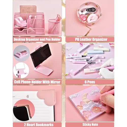 Pink Desk Accessories, 24Pcs Pink Office Supplies and Desk Organizers, with Tape Dispenser, Stapler, Staple Remover, Ect, Christmas Gifts