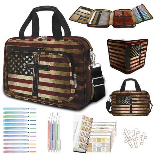 American Flag Cross Bible Cover Case for Women Men Boys, Large Bible Bag Book Carrying Case with Strap & Handle Zipper Pocket, Bible Study Supplies Journaling Kit, Highlighters and Pens Cross Clips