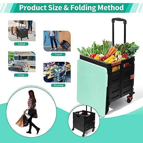Rolling Crate Utility Cart Collapsible Tote Basket Teacher Cart with Lid Wear-Resistant Noiseless 360¡ÆRotate Wheel Telescoping Handle for Trave Moving Luggage Use(Green,110lbs)