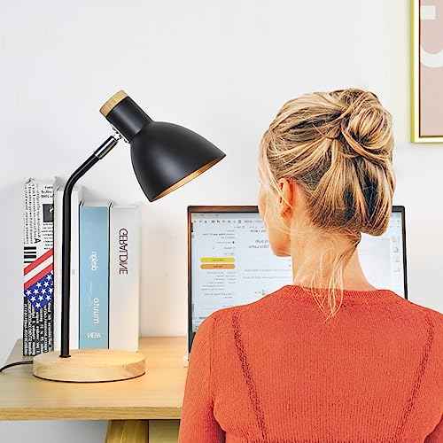 Lampwell Helle Black Office Desk Lamp for Home Office Bedrooms,Wood Base,Kids Girls Student Desk Lamp,9.69¡¿5.91¡¿H14.88IN,Bulb Excluded