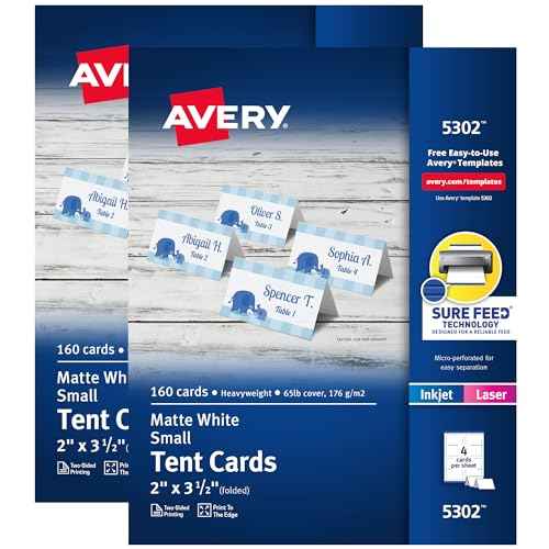 Avery Printable Tent Cards with Sure Feed Technology, 2" x 3.5", Matte White, 2-Pack, Total of 320 Blank Place Cards for Laser or Inkjet Printers (5812)