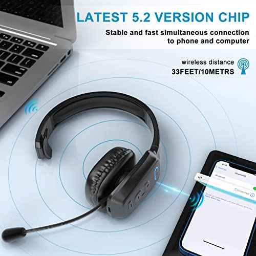 Bluetooth Headset, 60hrs Noise Canceling V5.2 Over Head Headphones, Single Ear Trucker Wireless Headset with Mic, Mute Button, Multipoint, for Phones PC Computer Truck Driver Office Work - Black