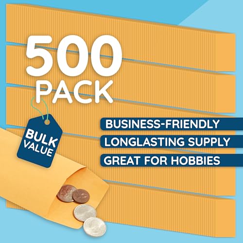 Brown Kraft Coin Envelopes 500#7 Gummed 3.5 x 6.5 Inches for Coins & Keys