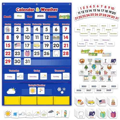 Godery Calendar and Weather Pocket Chart with 149 Cards, Kids Calendar for Classroom or Homeschool,Preschool Learning Activities Supplies, Kindergarten Must Haves (Blue)