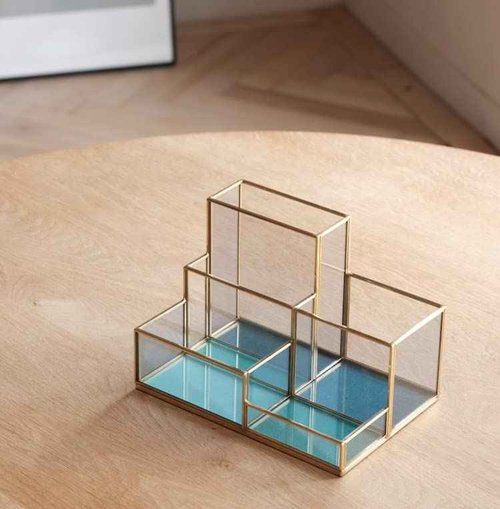 FONDAZZA Set of 2 Gold Desk Organizers for Home Office Supplies, Gold Brass and Blue Glass, 1 Each of Rectangle and Triangle Organizer, Storage for Stationery, Cosmetic, Makeup Tools and Brush.