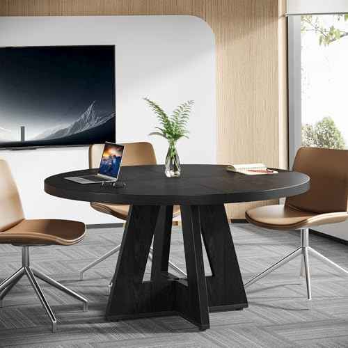 Tribesigns 47-Inch Round Conference Table for 4-6 People, Wooden Meeting Room Table with Thicken Tabletop and Wood Base (Black)