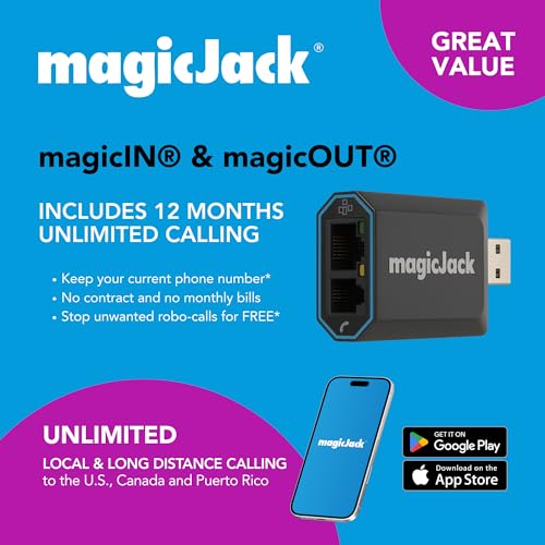magicJack VOIP Phone Adapter - Unlimited US & Canada Calls, Portable Internet Phone, App & Service