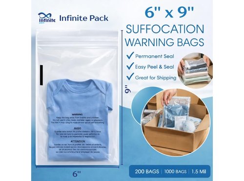 Infinite Pack Self-Seal Clear Poly Bags - 6" X 9" | 1000 Count with Suffocation Warning for Safe Packaging
