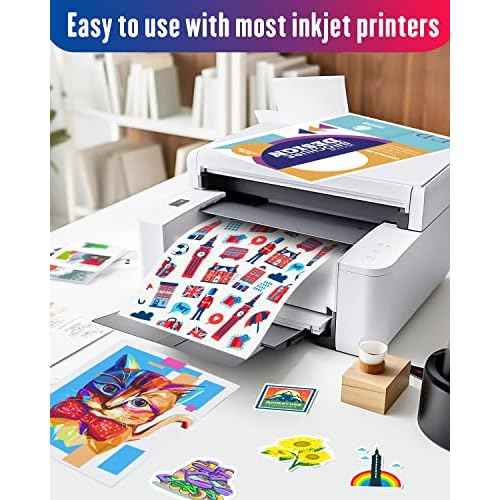 Glossy Sticker Paper Printable Vinyl for Inkjet Printer Adhesive White Decals Waterproof Quick Drying Tear Resistance Labels Letter Size 8.5x11 in for Craft,Scrapbook