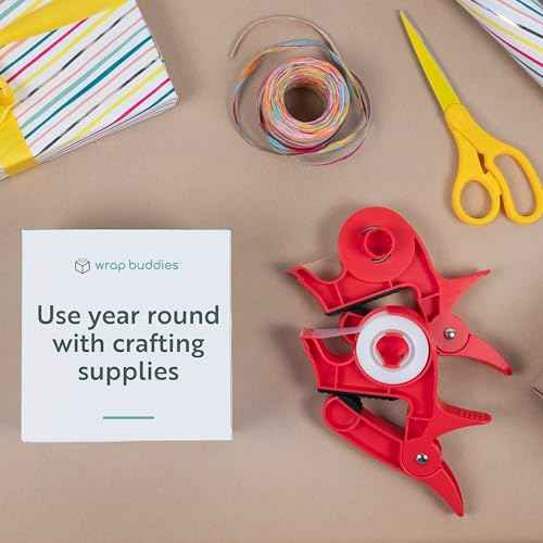 Wrap Buddies Tabletop Gift Wrapping Tool with Tape Dispenser ? Set of 2 Adjustable Wrapping Paper Table Clamps with Craft Tape Dispenser - Perfect for Holidays and Crafting - Cherry Red