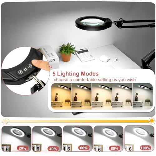 Veemagni 5 Inch Large Magnifying Glass with Light and Stand, 5 Color Modes Stepless Dimmable 10X Glass Lens, Hands Free 2-in-1 Desk Lamp & Clamp, LED Lighted Magnifier for Repair Crafts Close Work