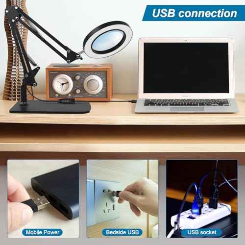 2-in-1 LED Magnifier Desk Lamp with Clamp,Magnifying Glass with Light and Stand,3 Color Modes Stepless Dimming, for Home Office Close Work, Repair, Crafts, Reading,Sewing