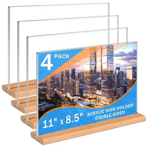 Kersally Acrylic Sign Holder 11 x 8.5'', 4 Pack Double-Sided Clear Table Display Stands with Wood Base,Horizontal Acrylic Frame Menu Flyer Paper Holder for Store, Restaurant, Hotel, Office, Show Fair