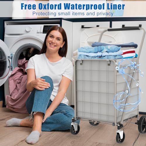 Shopping Cart for Groceries, Grocery Cart on Wheels with Encrypted Bottom & Waterproof Bag, Heavy Duty Rolling Trolley for Shopping Laundry Book Luggage, Hold Up to 300 LBS