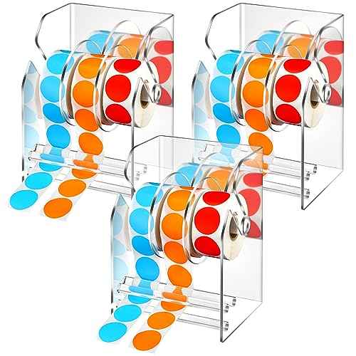 Geosar 3 Pcs Adjustable Label Dispenser 3 Disks Sticker Roll Holder Sticker Dispenser Clear Label Roll Holder Acrylic Tape Organizer Stand for Office Home Desktop