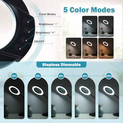 10X Magnifying Glass with Light and Stand, 4.3" Real Glass Lens, 5 Color Modes & Stepless Dimming LED Desk Lamp, Hands-Free Magnifier with Clamp & Flexible Gooseneck for Crafts, Hobby, Close Work