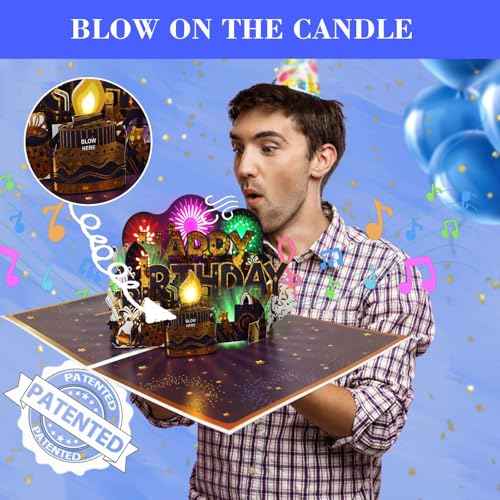 Musical Birthday Cards, Music & Firework Lights Birthday Card for Men, 3D Pop-up Blowable Candle Happy Birthday Card/Gift for Men, Women, Kids, Boys, Girls, Husband, Grandson