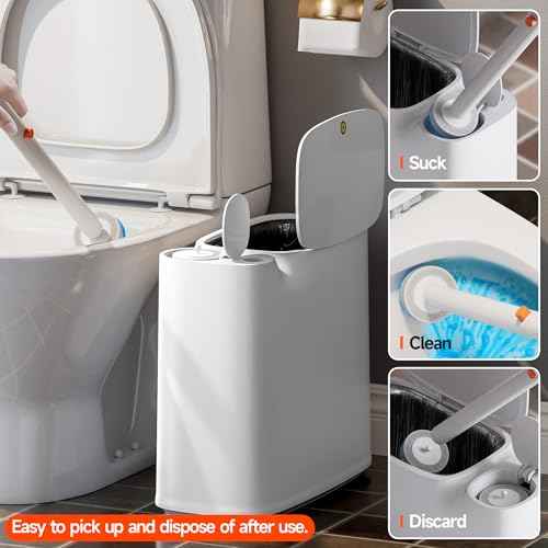 CTIME Bathroom Trash Can Set - Narrow White Plastic Small Trash can, a Toilet Wand, Toilet Brush Holder and 36 Refills, 2 Gallon Trash can with pop-up lid, Suitable for bathrooms and Small Toilets.